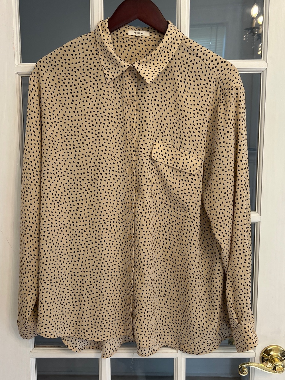 Pleione Women’s Beige Black Dot Print Collared Button Down Long Sleeve Blouse XL